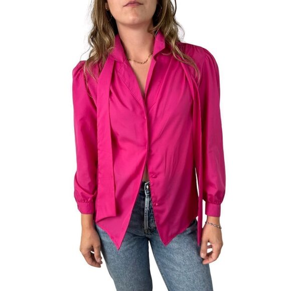 Vintage 90s Women’s Steven Barry Button Down Blouse Hot Pink Neck Tie Size Small - Picture 2 of 5